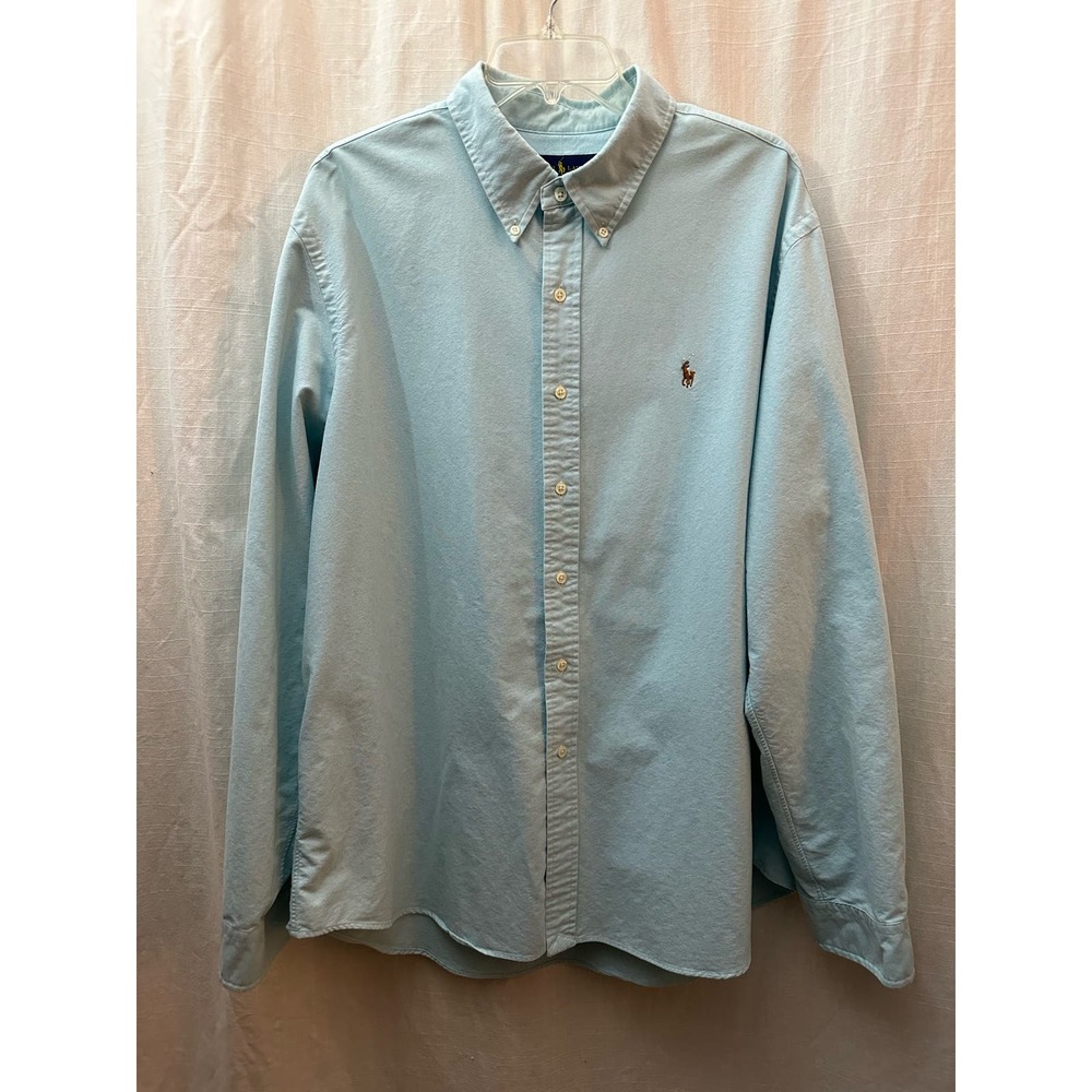 Ralph Lauren Pique Cotton Mens Button Down Shirt Light Blue Brown Pony XXL